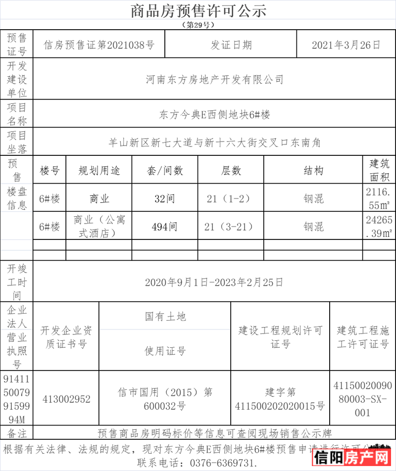 东方今典·东方公馆 6#楼 预售证 信房预售证第2021038号