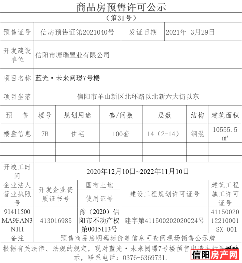 蓝光·未来阅锦 7#楼 预售证 信房预售证第2021040号