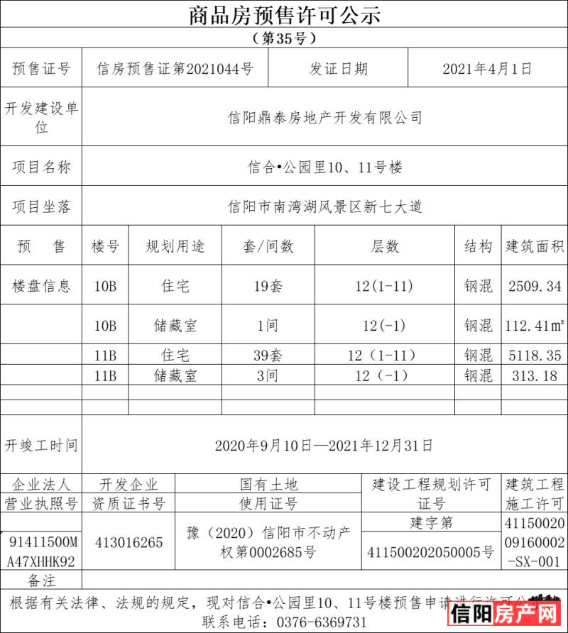 信合·公园里 10#，11# 预售证 信房预售证第2021044号